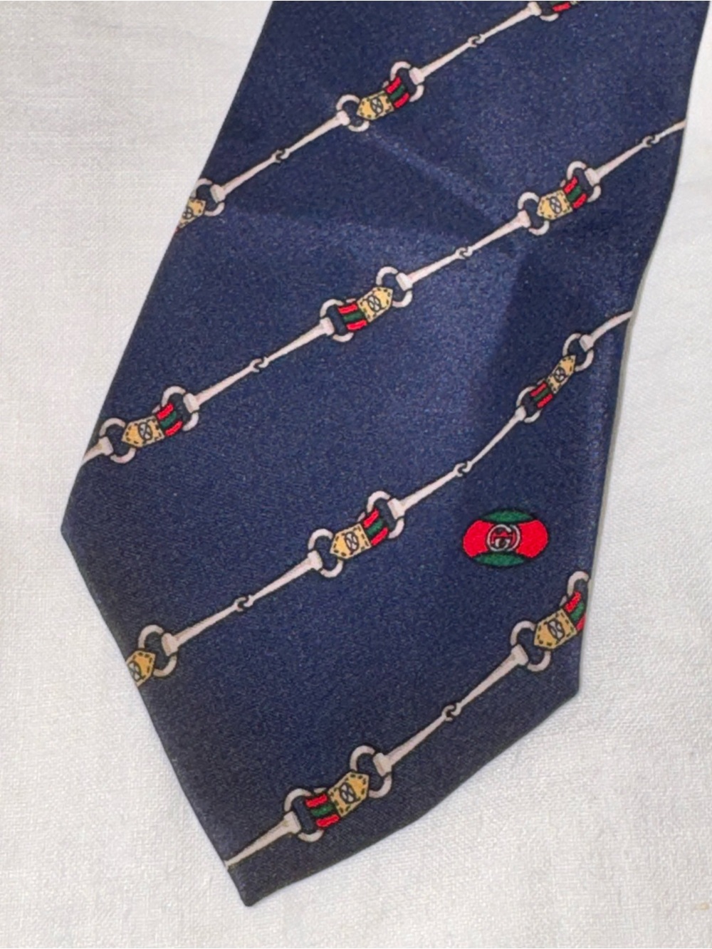 Vintage Gucci silk horsebit equestrian iconic striped Blue Tie